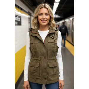 LINEN Love Tree Army Green Hooded Utility Vest  M Patches Streetwear